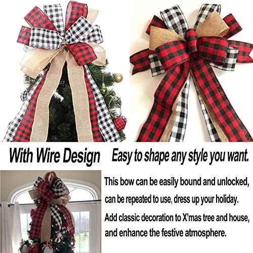 Christmas Bows Tree Topper Red Black White Buffalo Plaid Ornaments Handmade for Wreath Door Burlap Rustic Farmhouse Decoration (Burlap Buffalo Plaid)