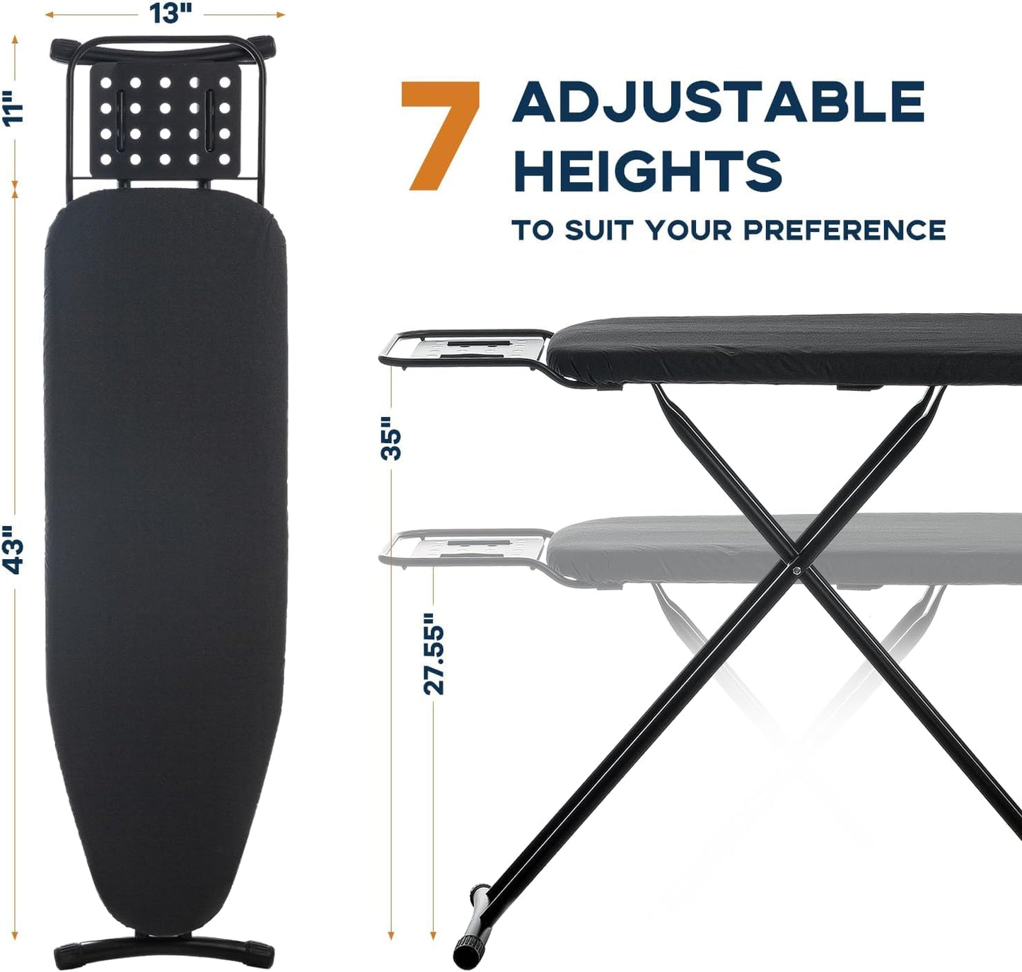 RAINHOL Heavy Duty Ironing Board - 54"x13" Compact Design with Heat Resistant Cover & Adjustable Height | Black