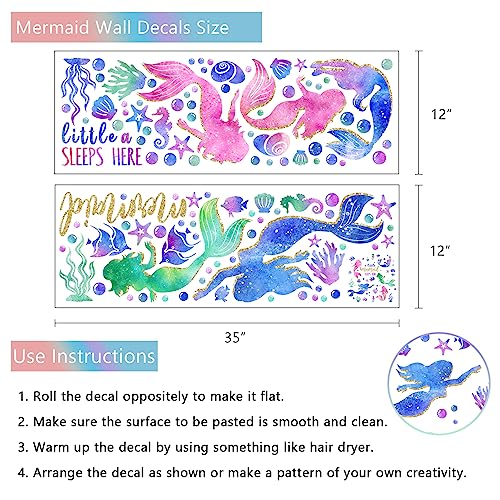 Yovkky Baby Girls Mermaid Wall Decals Stickers, Under The Sea Ocean Creatures Coastal Fish Bubble Glitter Nursery Kids Room Crib Decor, A Little Mermaid Sleeps Here Beach Home Decorations Bedroom Art