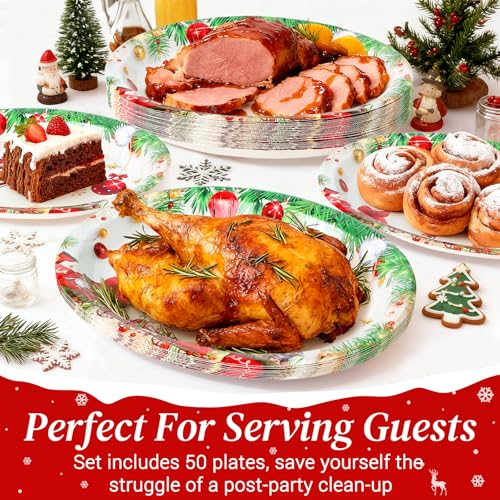 LIKAJON Christmas Ball Paper Plates - 50 Pcs Oval Holiday Disposable Dinnerware