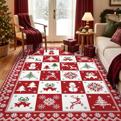 GENIMO 5x7 Checkered Christmas Rug - Holiday Area Carpet for Living Room & Bedroom
