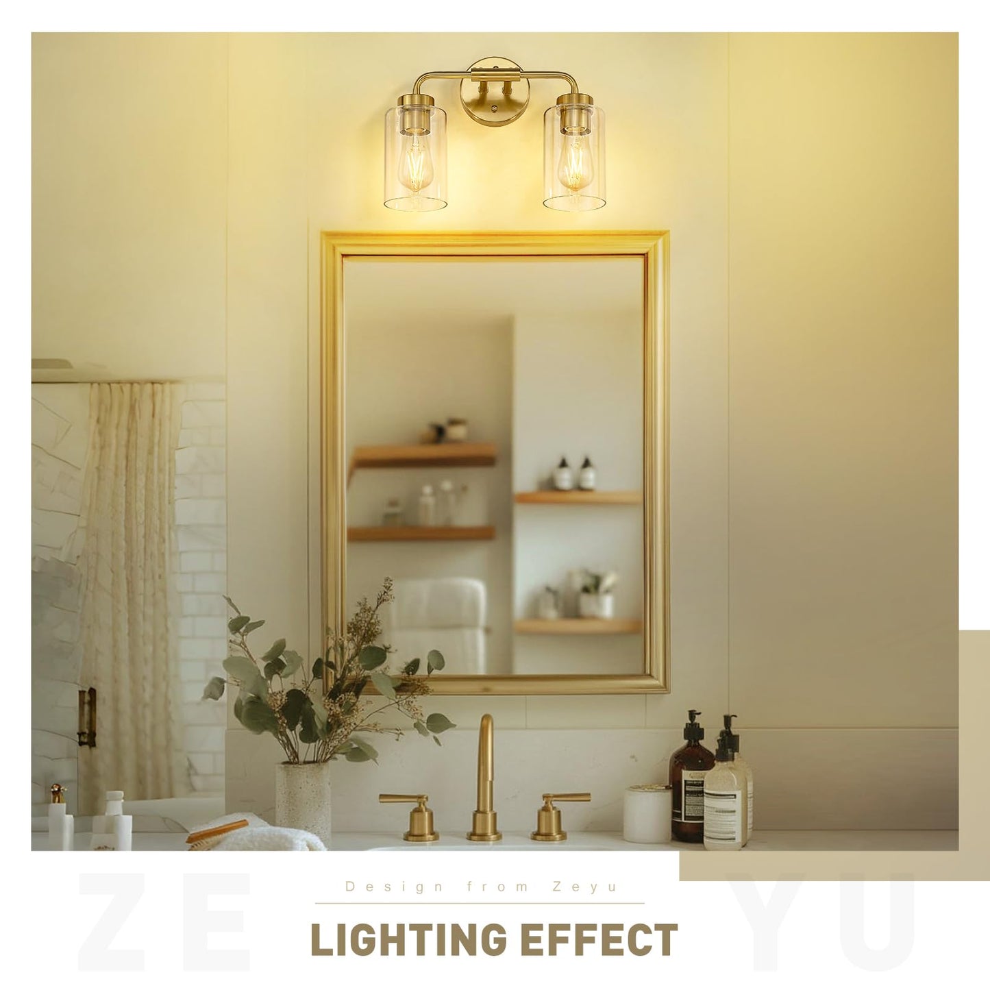 zeyu 14.4 Inch Vanity Light Fixture, Vintage Bathroom Lamp, Gold Bathroom Light Fixtures with Clear Glass Shade, Brushed Gold Finish, ZS62B-2W BG