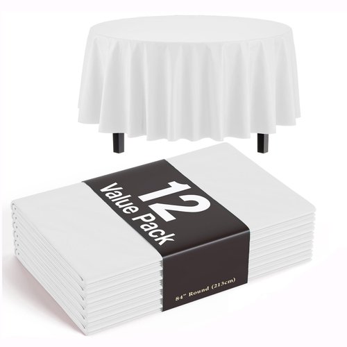 Exquisite 12-Pack Plastic Tablecloth 84 inch Round Value Pack Plastic Table Cover - White