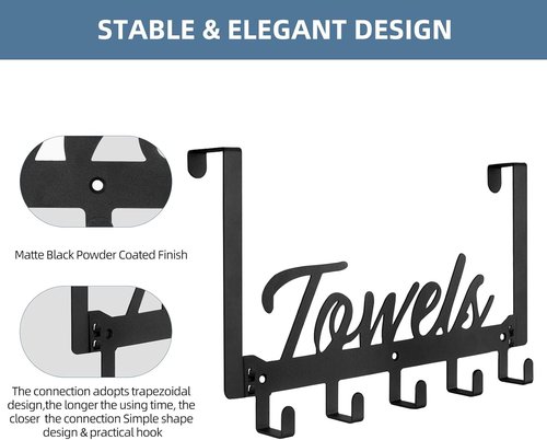 Azmoncy Over The Door Hooks - Heavy Duty Towel Rack with 5 Coat Hooks | Black for Bathroom & Kitchen
