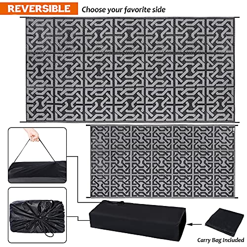 SAND MINE Reversible Plastic Straw Rug - 9' x 18' Black & Grey Outdoor Floor Mat for Patio, RV, Beach, Camping