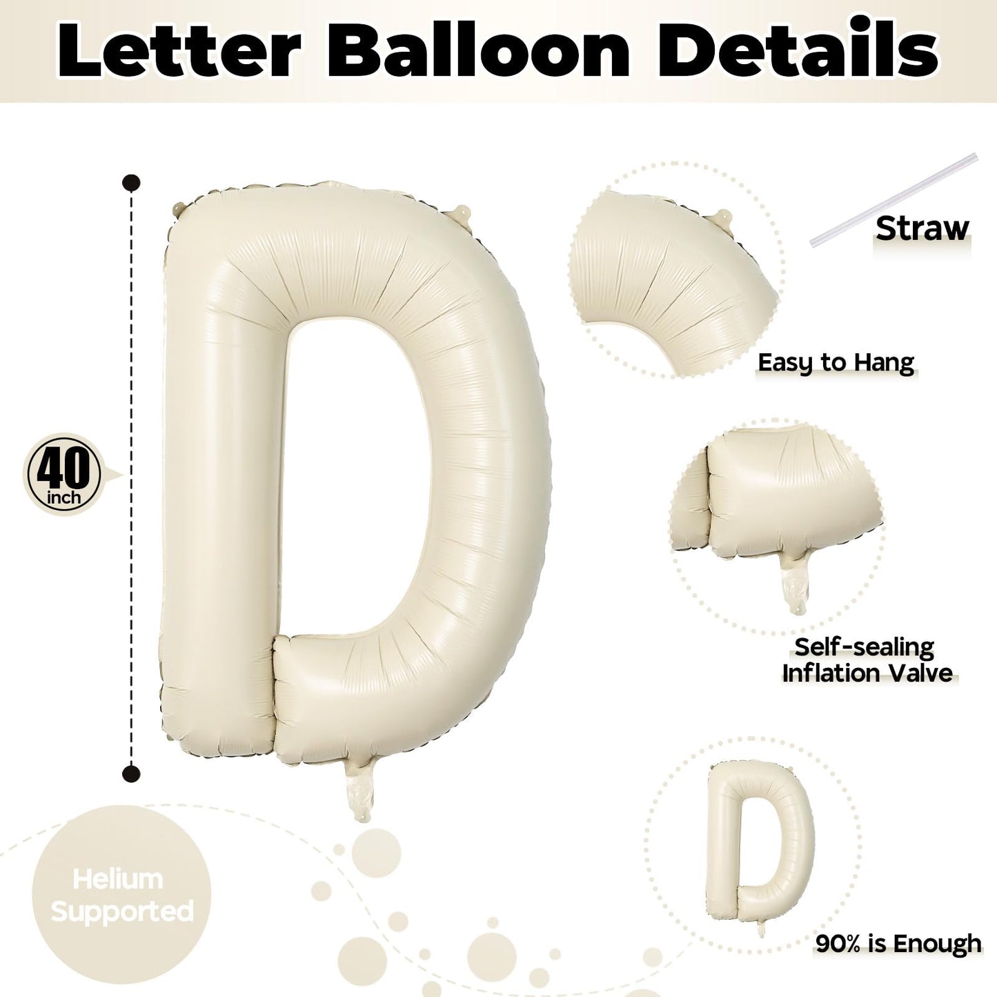 Cream Name Balloon Letters, Large Mylar Helium Alphabet D Custom Balloon Letter Beige Decor, 40 Inch Inflatable Sand White Letter D Foil Customize Balloons for Girls Birthday Party Decoration Supplies