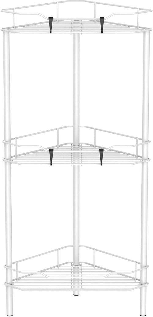 HuggieGems Corner Shower Caddy Organizer - 3 Tier Floor Stand with Hooks | White Bathroom Shelf