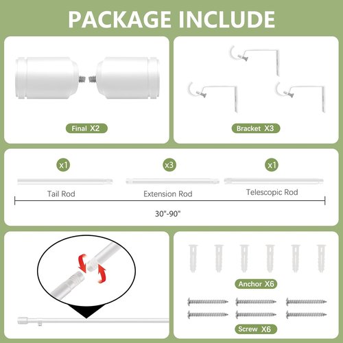 Adjustable 5/8” White Curtain Rods by [Brand Name] | 30-90 Inch for 30-84 Inch Windows