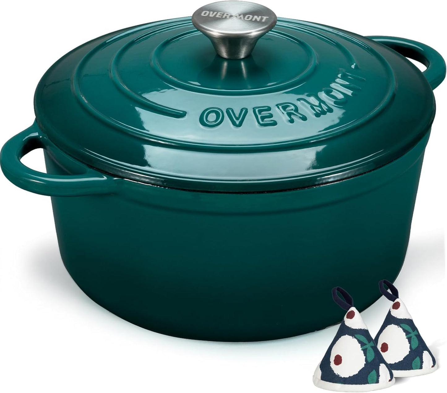 Overmont Enameled Cast Iron Dutch Oven - 5.5QT Pot with Lid Cookbook & Cotton Potholders - Heavy-Duty Cookware for Braising, Stews, Roasting, Sourdough Baking bottle green