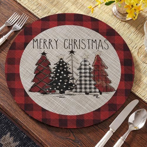 14-Inch Xmas Christmas Vinyl Round Placemats Set of 4 - Wipeable Winter Table Mats, Red