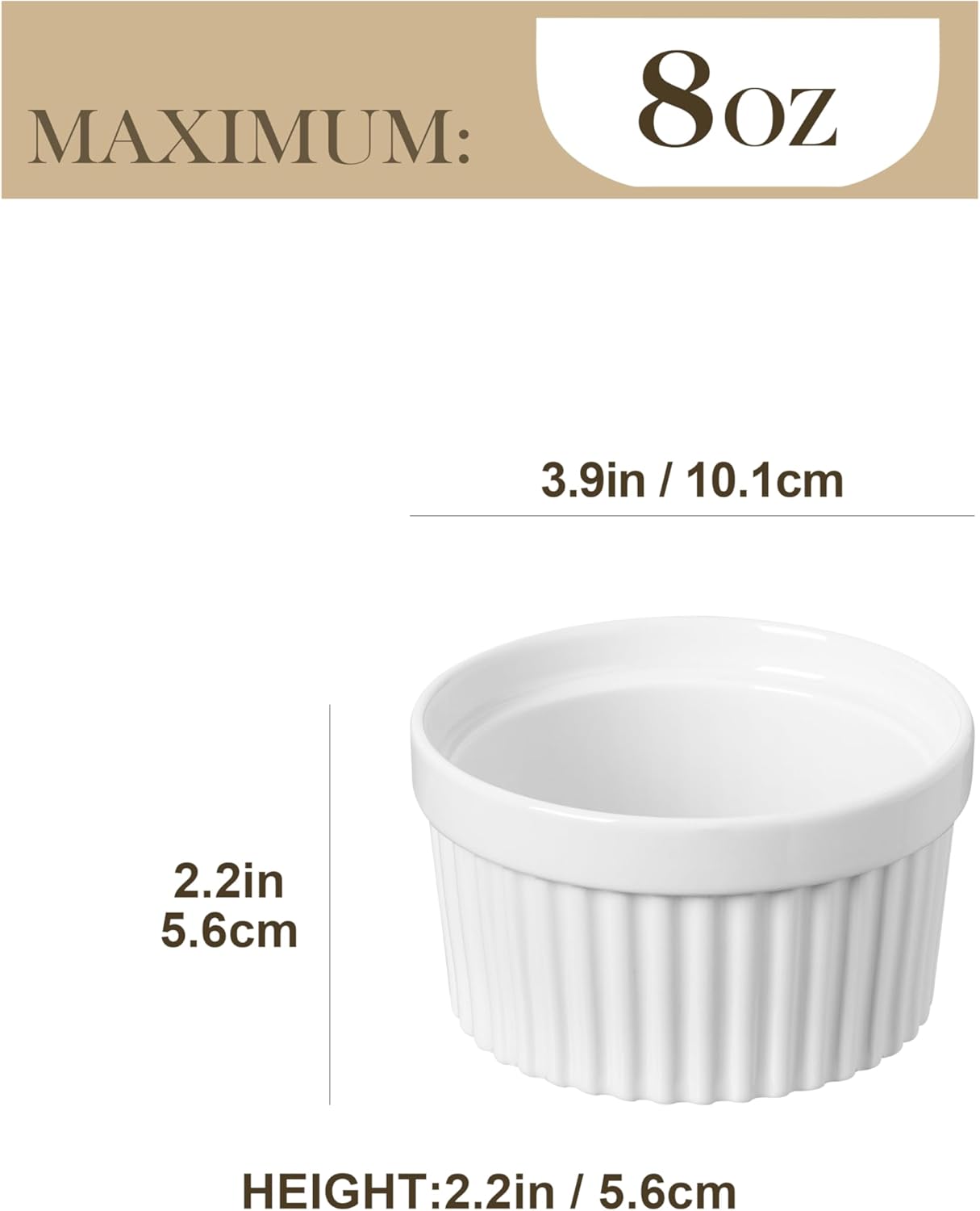MALACASA Ramekins - 8 Oz Oven Safe Porcelain Baking Cups for Creme Brulee & Pudding | Set of 6 White