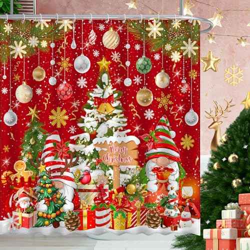 Merry Christmas Gnome Shower Curtain, Winter Xmas Tree Snow Home Holiday Bathroom Decor, Polyester Cloth Fabric Bath Curtain with 12 Hooks 72" W x 72" L Red