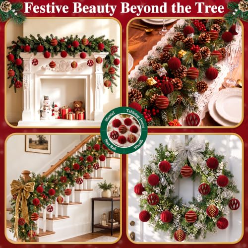 WISELIFE Red Velvet Christmas Ball Ornaments 30 Pack, 2.4in, with Gold Caps