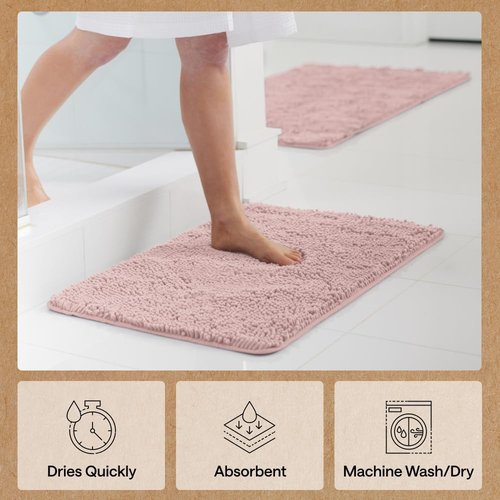 GORILLA GRIP Bath Rug Mat - Soft Absorbent Chenille | Quick-Dry Microfiber, 44x26, Dusty Rose