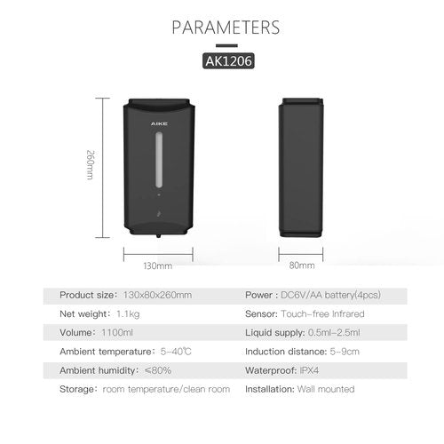 AIKE Automatic Soap Dispenser Commercial Wall Mounted Liquid Dispenser Matte Black Finish 1100ml Large Capacity