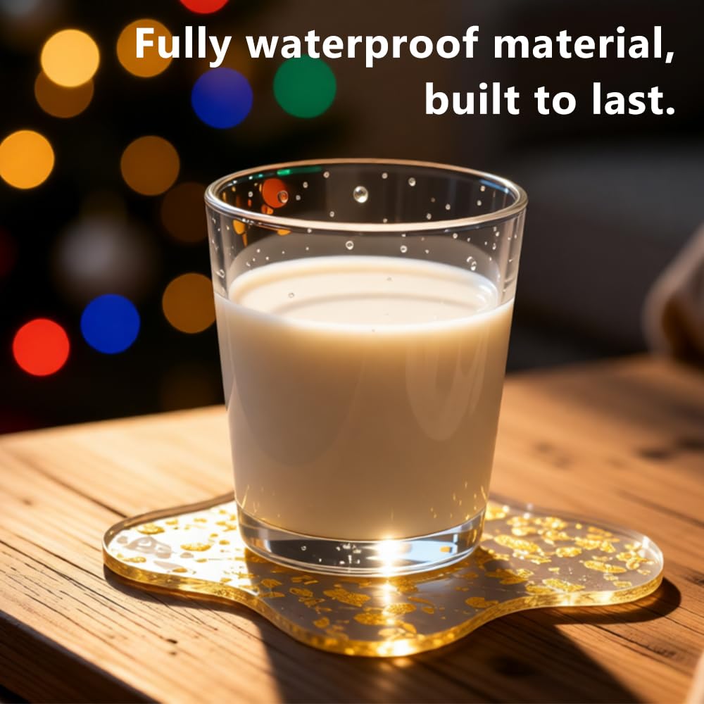 Sweet Elegance Set of 4 Acrylic Gold Foil Coasters Waterproof, Non-Slip, Durable Cup Mats for Home, Party, and Festival Decorate Drop Shape Table Ornamen