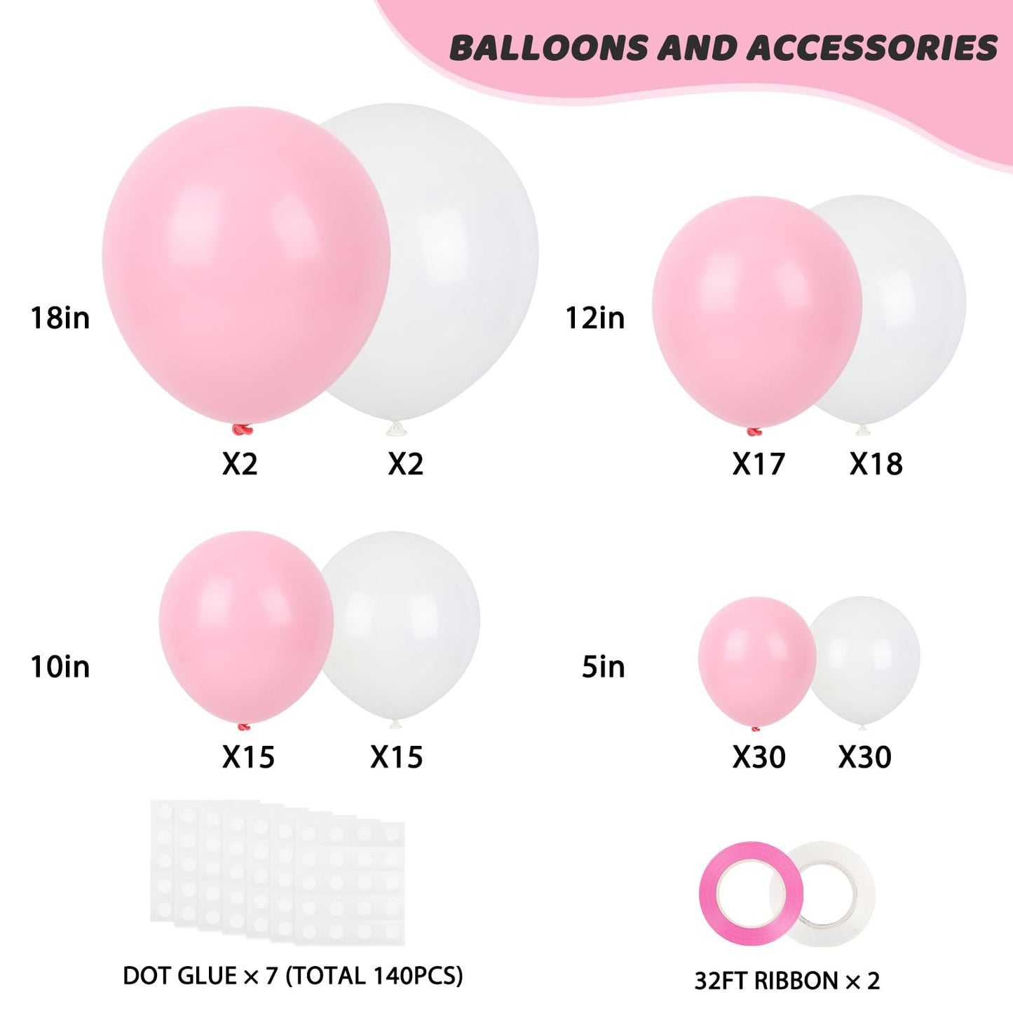 RUBFAC White and Pink Balloons 129pcs Different Sizes Pack of 18 12 10 5 Inch, Latex Baby Pastel Pink Balloon Garland Arch Kit for Birthday Party Wedding Anniversary Baby Shower Gender Reveal