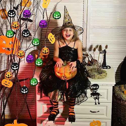 Zhanmai Pumpkin Hanging Ornaments Spooky Halloween Tree Decorations Mini Pumpkin Ball Jack O Lantern Tree Decorations for Scary Party Supplies(24 Pcs,Purple, Black, Green, Gold)