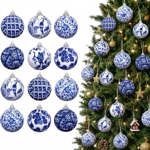 Preboun 12 Pcs Christmas Chinoiserie Blue Ornaments 1.97 Inch
