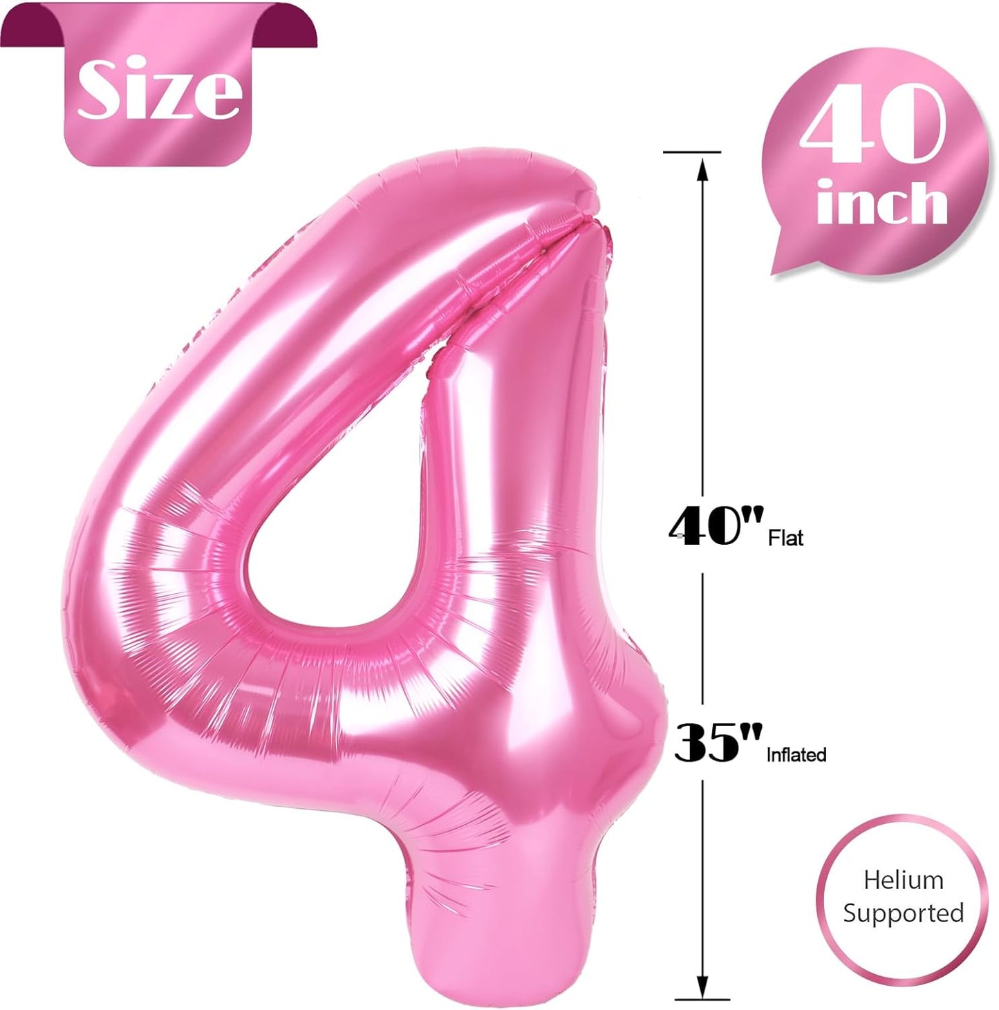 Pink Number 4 Balloon - 40 Inch Giant Foil Balloon for 4th Birthday Party Decorations