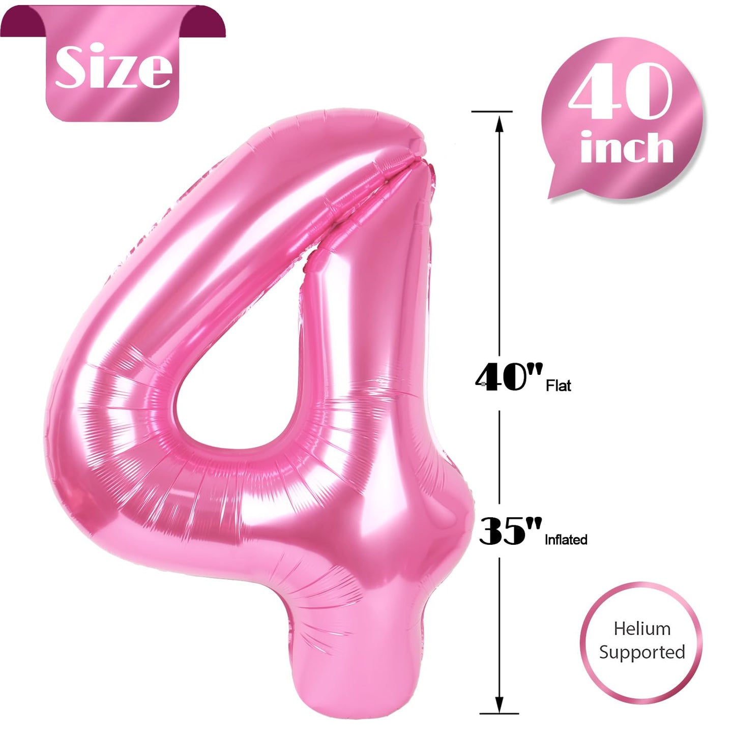Pink Number 4 Balloon 40 Inch, 4th Birthday Party Decorations for Children, Giant 4 Foil Balloon for Party Supplies