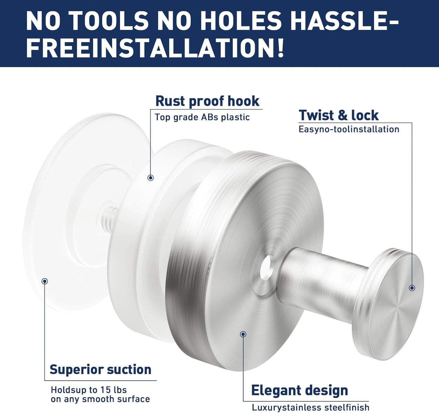 Skiennix Suction Cup Hooks - Removable Bathroom Shower Wall Holders | 2 Pack Silver for Towels & Wreaths