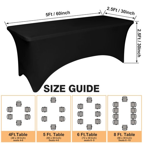 2 Pack 5 Feet Black Spandex Tablecloth for Rectangular Tables, Fitted & Stretch, Washable, Wrinkle Resistant, Perfect for Event, Wedding, Party, Banquet, Cocktail, Festival, and Table Protector