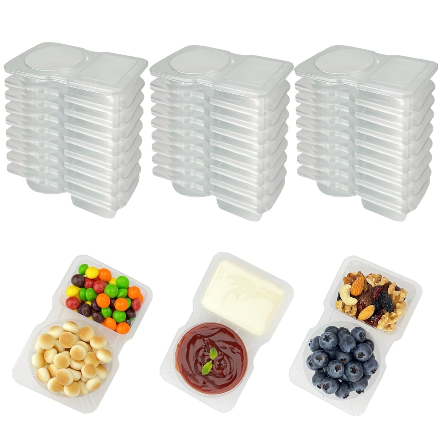 BIRDDIE 30 PCS Disposable Double Compartment Condiment Containers with Lid - 2-in-1 Transparent Plastic Snack Box for Sauce, Spices, Meal Prep, Picnics, Camping & Travel