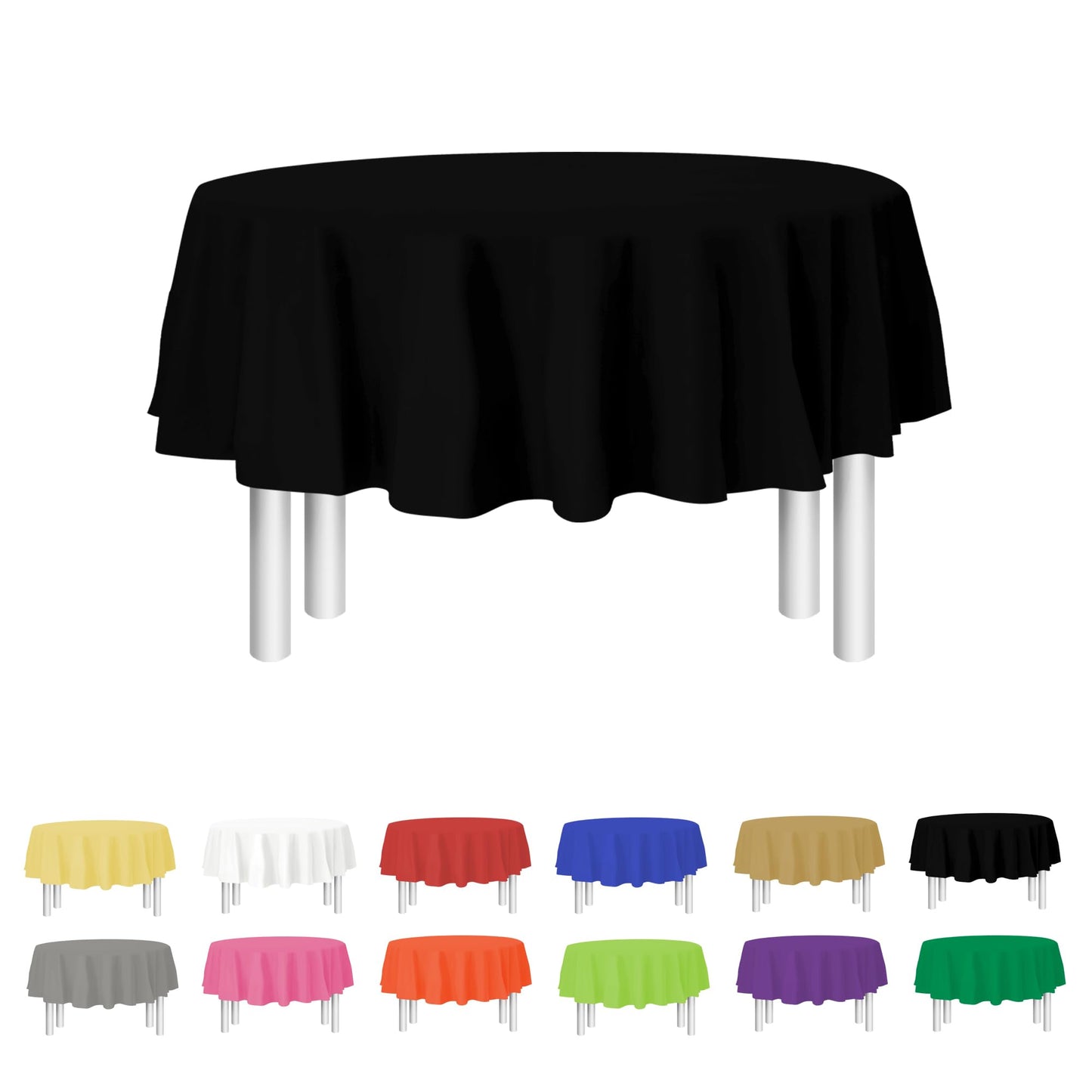 Party Dimensions Black Disposable Plastic Tablecloth for Round Tables (12 Pack) 84 inches Table Cloths for Parties, Events & Weddings, Indoors & Outdoors, Plastic Table Cover