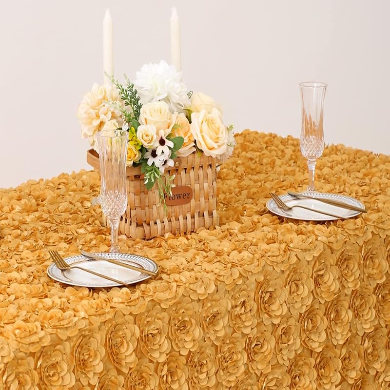 QueenDream Gold Rosette Tablecloth 132 x 90 Inch Rustic Floral Wedding Decor