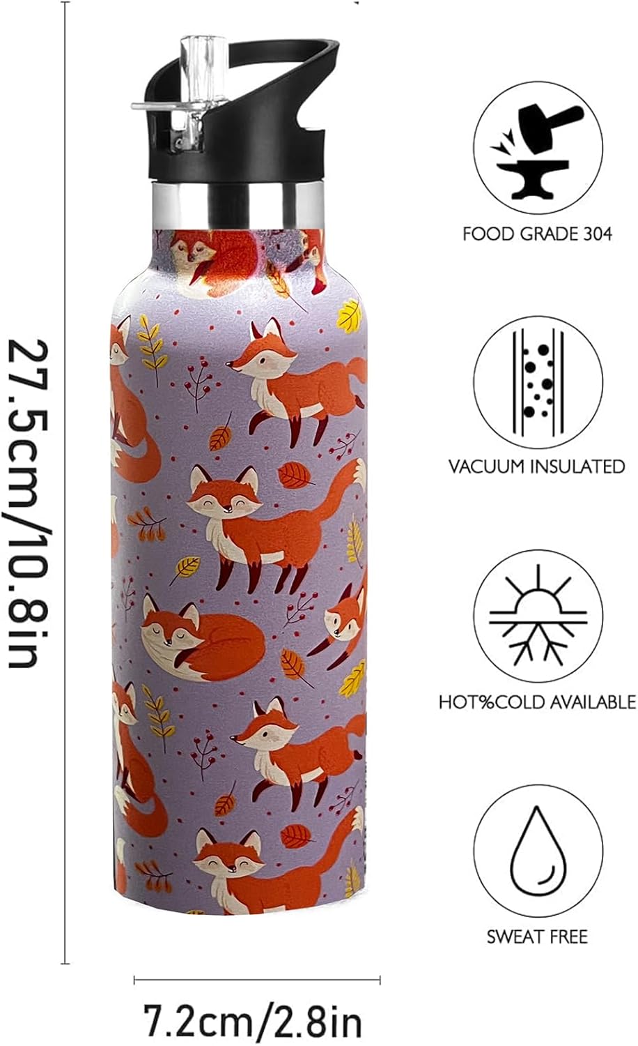 Skiennix Kids Water Bottle - Vacuum Insulated Stainless Steel Tumbler with Straw | 20 oz Fox Design for Sports & School