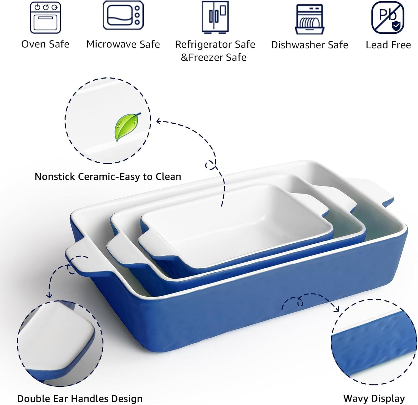 Regine Switzerland Casserole Dishes - Ceramic Baking Pan Set of 3 | Deep Porcelain Lasagna Dish (11.6" x 7.8", Dark Blue)