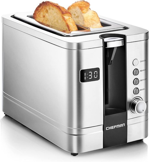 Chefman 2-Slice Digital Toaster - Stainless Steel with Extra-Wide Slots for Bagels | Defrost & Reheat Functions