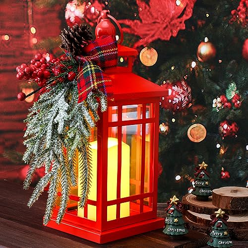 14-Inch Red Christmas Lantern with Battery Power Decor