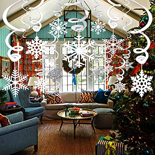 40Ct Christmas Snowflake Hanging Swirl Decorations,Christmas Hanging Ceiling Streamers Snowflake Hanging Swirls and Strings Decoration, Winter Party Wonderland Xmas Holiday Decor Supplies