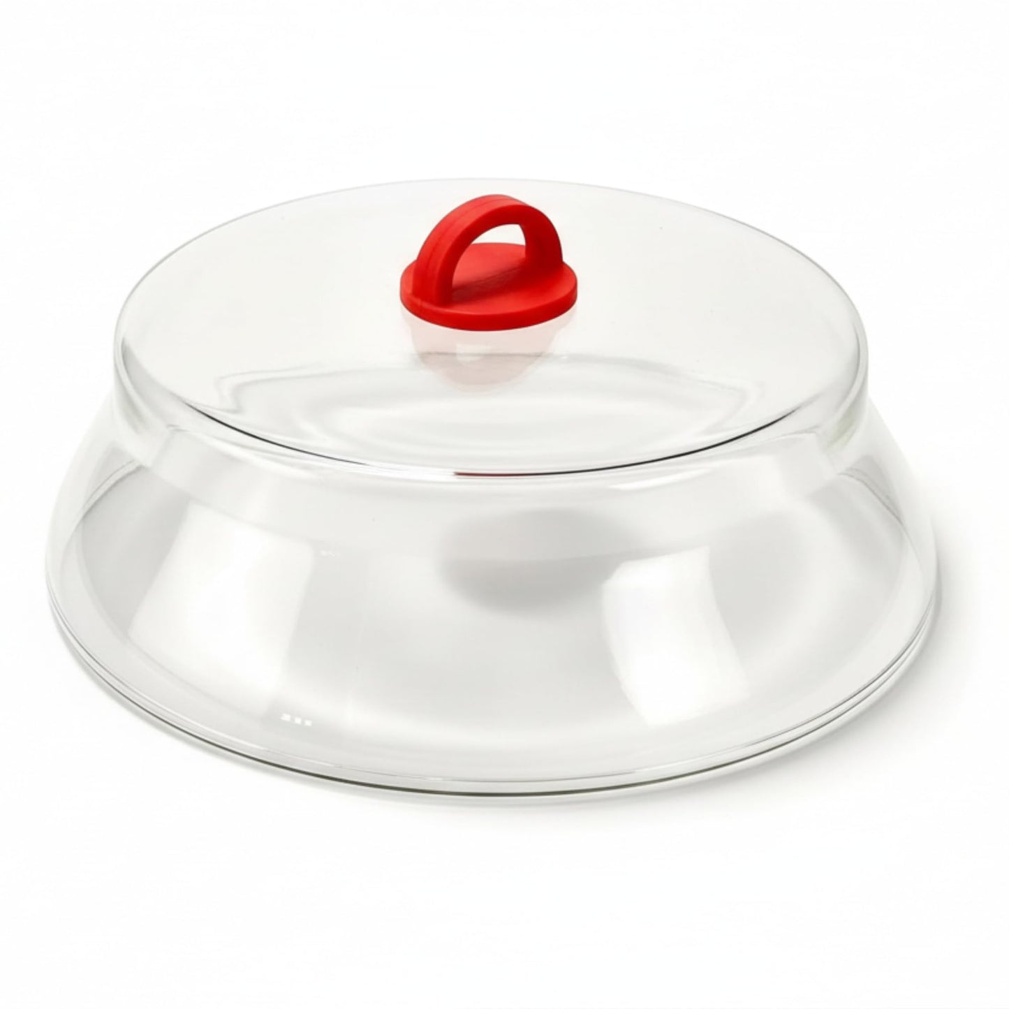 10 Inch Microwave Tempered Borosilicate Glass Plate Cover with Red Easy-Grip Silicone Handle - Unvented to Steam Food -Microwaveable/Oven/Stove Safe - Red Silicone Handle for Safe Easy Grip