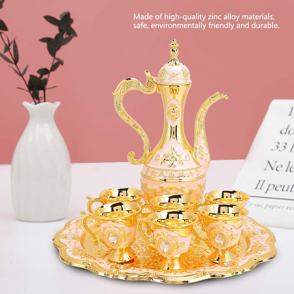 LIZEALUCKY Vintage Metal Turkish Coffee Pot Set Turkish Tea Set with 6 Luxury Coffee Cups and Craft Tea Tray Teapot for Serving Tea Zamzam Coffee Cappuccino, Turkish Teapot for Wedding Gift(Gold)