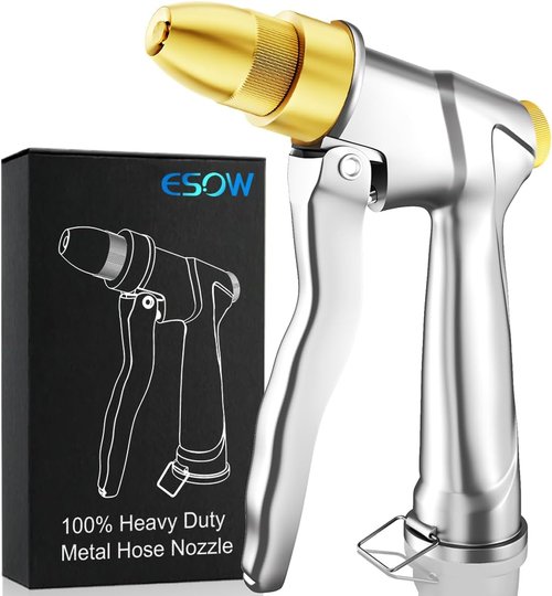 ESOW Heavy Duty Metal Garden Hose Nozzle - High Pressure with 4 Spray Patterns | Ideal for Lawn, Garden, Car & Pet Washing, Silver