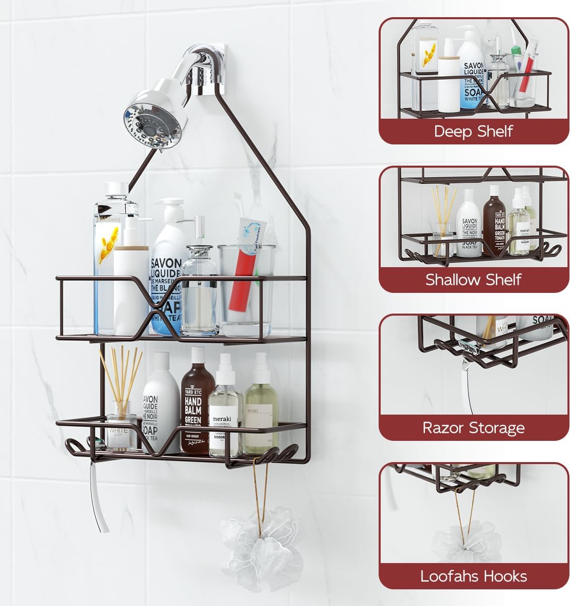 TreeLen Shower Caddy - Over Shower Head Bathroom Organizer with 4 Hooks for Shampoo - Bronze