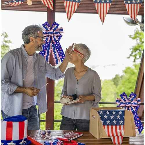 Threetols Patriotic Wired Edge Ribbons 2.5" 10 Yards, Veterans Day White Red Blue Wired Ribbons Patriotic Star Fabric Craft Ribbon American Patriotic Ribbon for Holiday Party DIY Christmas Decor