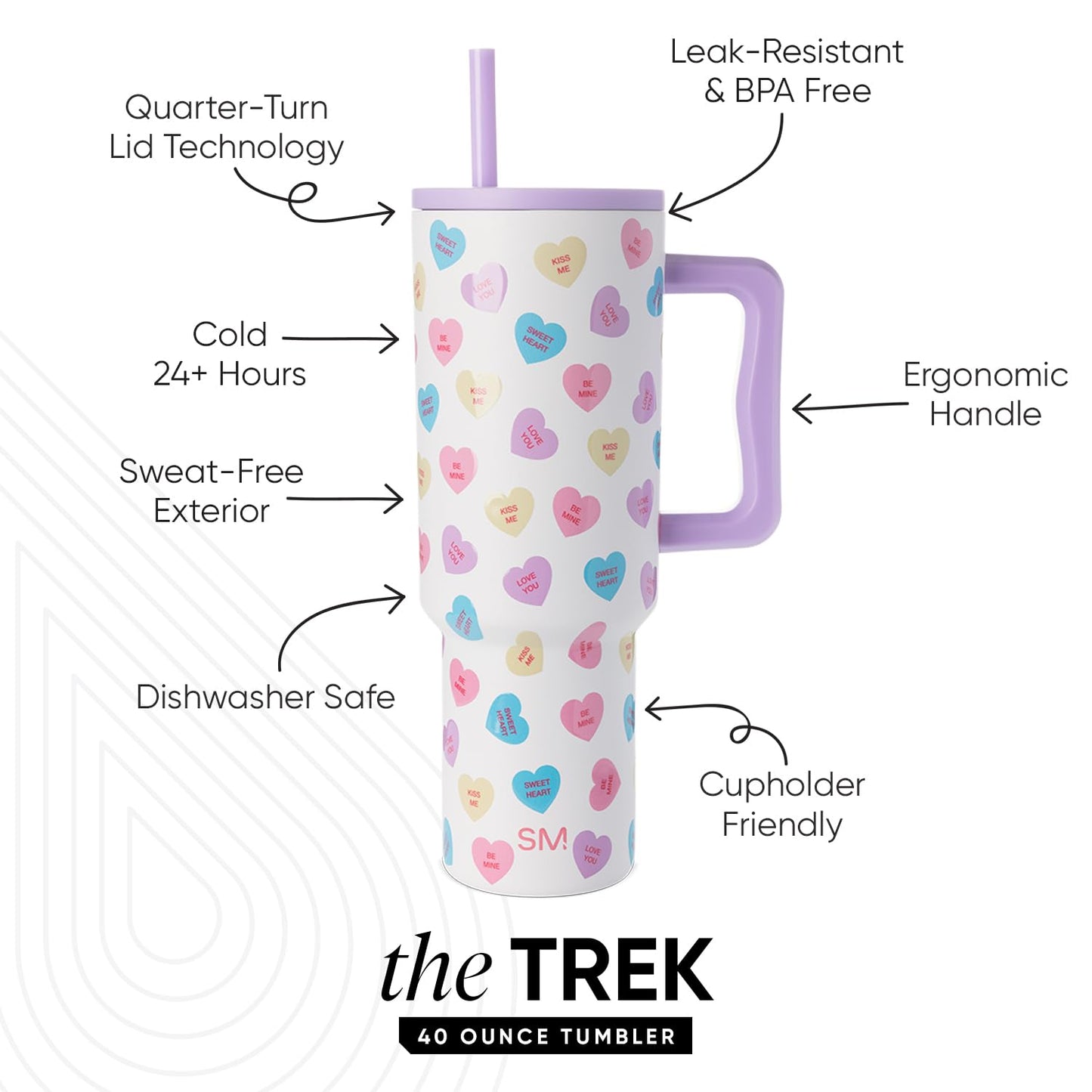 Simple Modern Valentine's Day 40 oz Tumbler with Handle and Straw Lid | Gifts for Her | Insulated Reusable Stainless Steel Water Bottle Travel Mug Cupholder Use | Trek Collection | Word Hearts