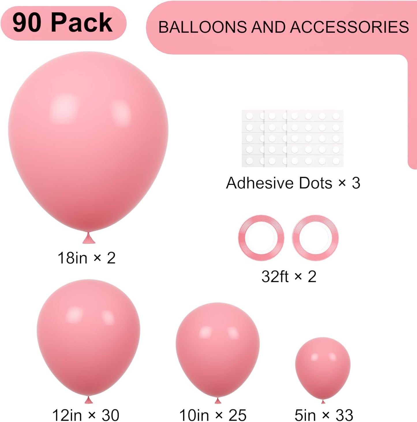Voircoloria 90-Pack Retro Pink Balloons - Versatile Sizes for Graduation, Weddings & Parties | 18/12/10/5 Inch
