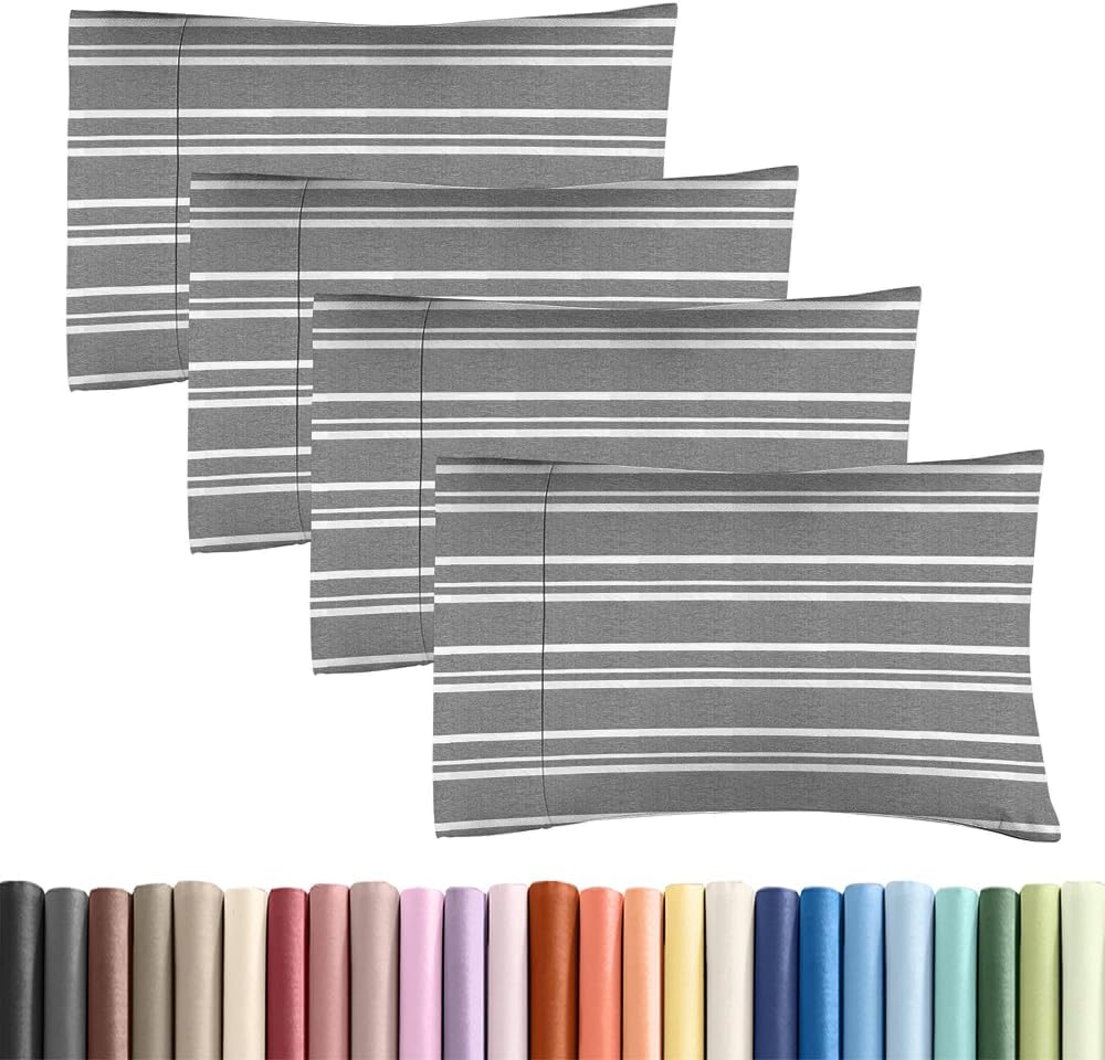 Standard Pillow Cases Set of 4 | Soft Hotel Quality Pillowcase Covers - Cozy Grey Stripes - Machine Washable