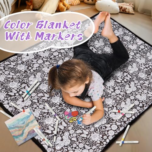 ZHOYIMIMI DIY Cozy Coloring Blanket with 24 Markers - Flower Variation, Personalizable Art Blanket for Kids & Adults