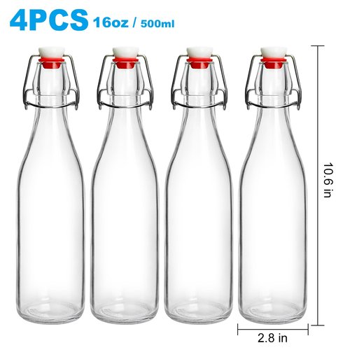 JOBVERT Swing Top Bottles 16oz,4 Pack Glass Brewing Bottles with Airtight Grolsch Closures, Reusable for Kombucha, Beer, Cold Brew, Homemade Beverages Storage