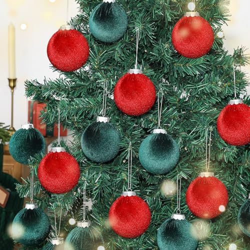 Afniimyapt 3.14 Inch Velvet Christmas Balls Set 16 Pcs Red & Green Holiday Ornaments