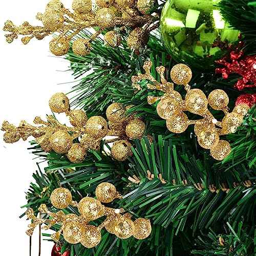 CCINEE 24 Pcs Christmas Gold Berry Stems,7.8Inch Xmas Artificial Glitter Berry Branches for Christmas Tree Ornaments DIY Xmas Wreath Crafts Home and Holiday Decor