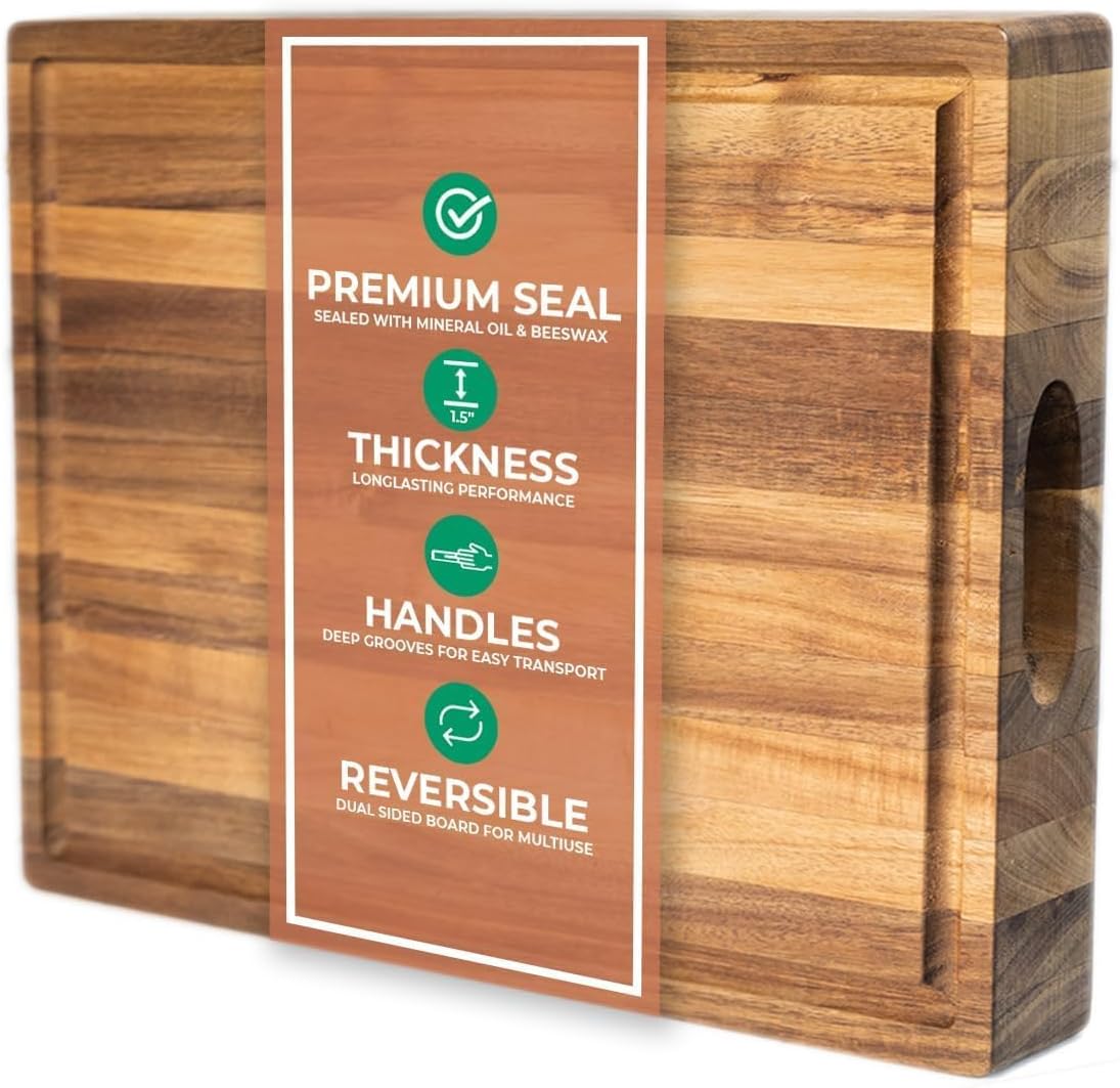 Saffron & Sage Large Wood Cutting Board - Thick 16 x 12 x 1.5 Inch Acacia with Juice Groove | Reversible Chopping & Charcuterie Board