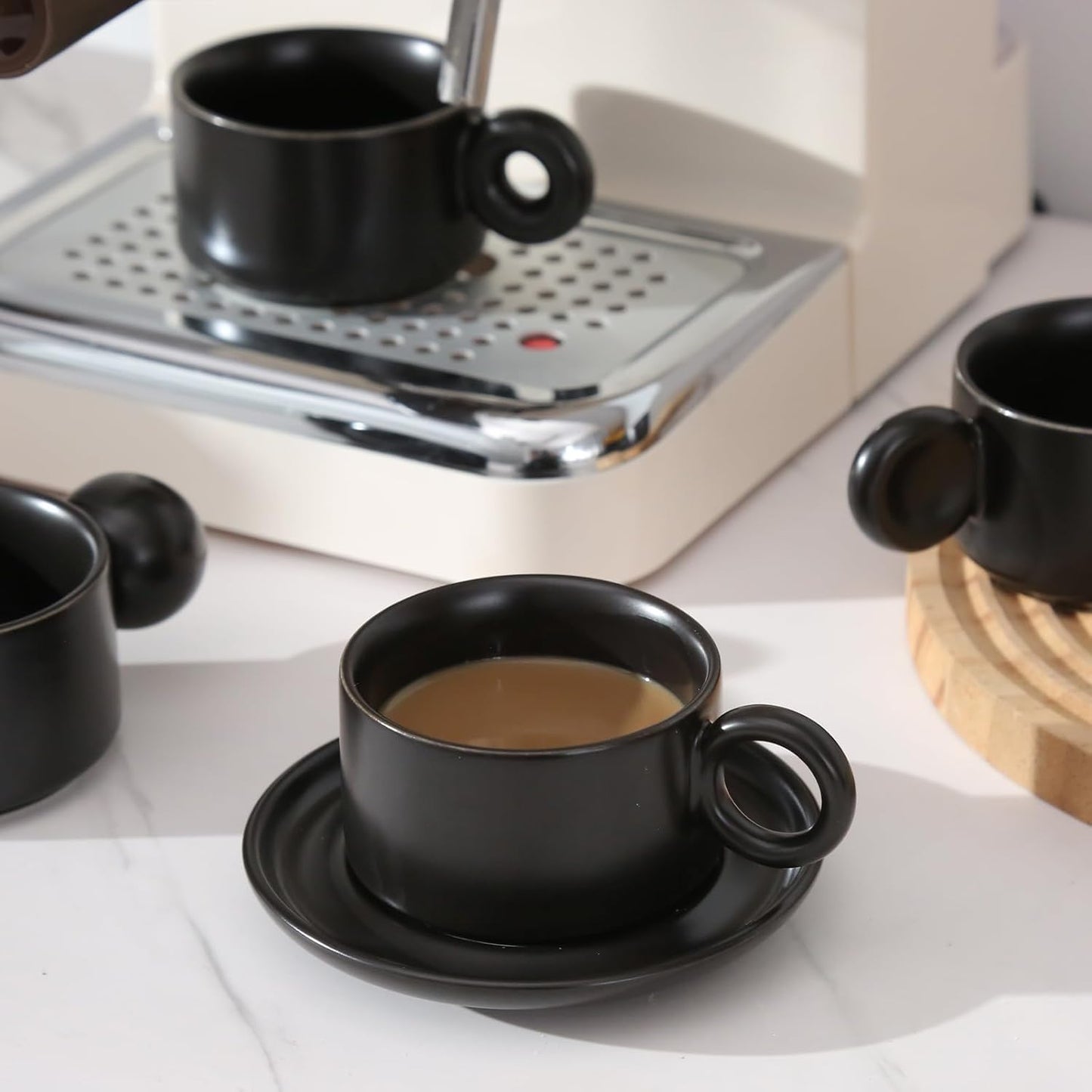 LURRIER Porcelain Espresso Cups Set - Stackable 3 Ounce Ceramic Mugs with Saucer & Metal Stand | Black (Set of 4)