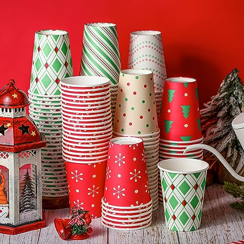 Funtery Christmas 16 oz Disposable Coffee Cups with Lids - 120 Pack, 6 Styles, Hot Cocoa & Party Drinkware